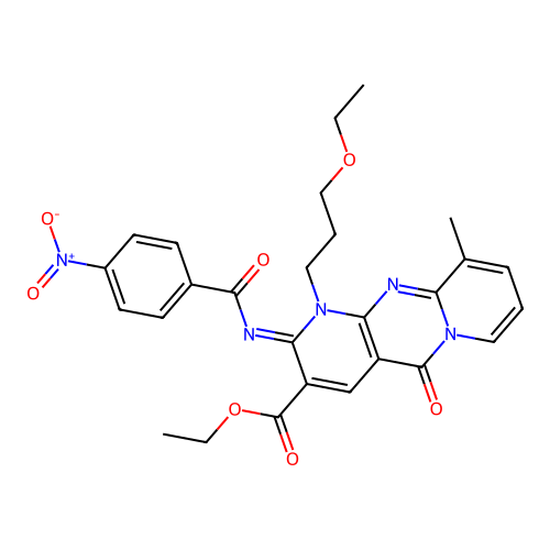 (Z)-ethyl 1-(3-ethoxypropyl)-10-methyl-2-((4-nitrobenzoyl)imino)-5-oxo-2,5-dihydro-1H-dipyrido[1,2-a:2',3'-d]pyrimidine-3-carboxylate structure
