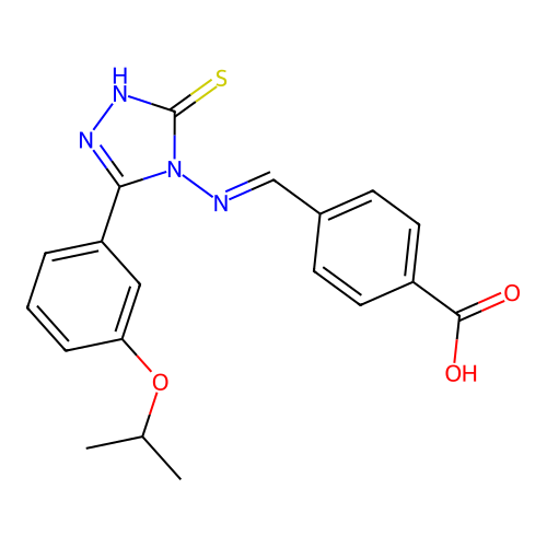 (E)-4-(((3-(3-isopropoxyphenyl)-5-mercapto-4H-1,2,4-triazol-4-yl)imino)methyl)benzoic acid structure