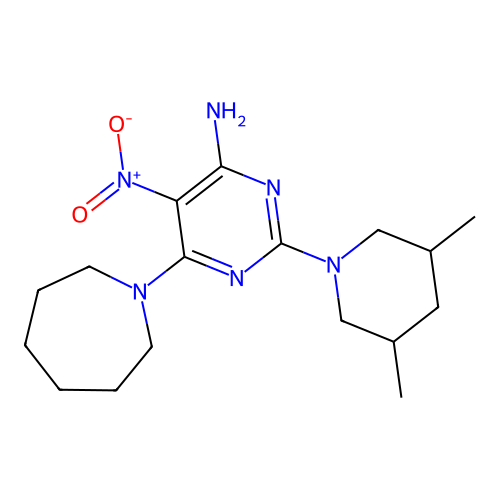 6-(Azepan-1-yl)-2-(3,5-dimethylpiperidin-1-yl)-5-nitropyrimidin-4-amine structure