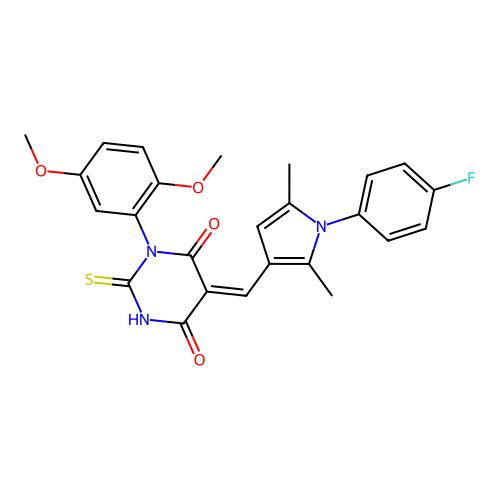 (5Z)-1-(2,5-dimethoxyphenyl)-5-[[1-(4-fluorophenyl)-2,5-dimethylpyrrol-3-yl]methylidene]-2-sulfanylidene-1,3-diazinane-4,6-dione structure