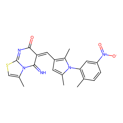 (6E)-6-[[2,5-dimethyl-1-(2-methyl-5-nitrophenyl)pyrrol-3-yl]methylidene]-5-imino-3-methyl-[1,3]thiazolo[3,2-a]pyrimidin-7-one structure