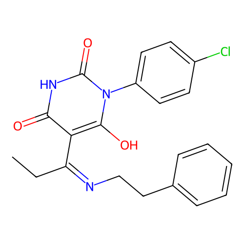 (E)-1-(4-chlorophenyl)-5-(1-(phenethylamino)propylidene)pyrimidine-2,4,6(1H,3H,5H)-trione structure