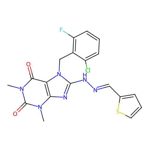 (E)-7-(2-chloro-6-fluorobenzyl)-1,3-dimethyl-8-(2-(thiophen-2-ylmethylene)hydrazinyl)-1H-purine-2,6(3H,7H)-dione structure
