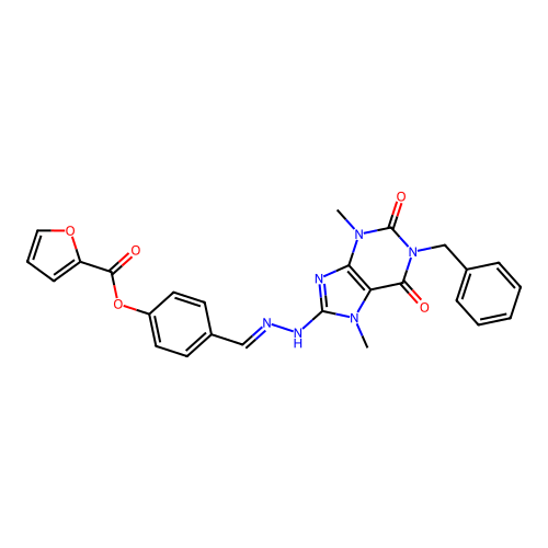 (E)-4-((2-(1-benzyl-3,7-dimethyl-2,6-dioxo-2,3,6,7-tetrahydro-1H-purin-8-yl)hydrazono)methyl)phenyl furan-2-carboxylate structure