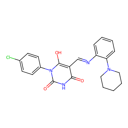 1-(4-chlorophenyl)-5-[(2-piperidin-1-ylanilino)methylidene]-1,3-diazinane-2,4,6-trione structure