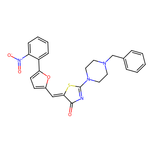 (Z)-2-(4-benzylpiperazin-1-yl)-5-((5-(2-nitrophenyl)furan-2-yl)methylene)thiazol-4(5H)-one structure