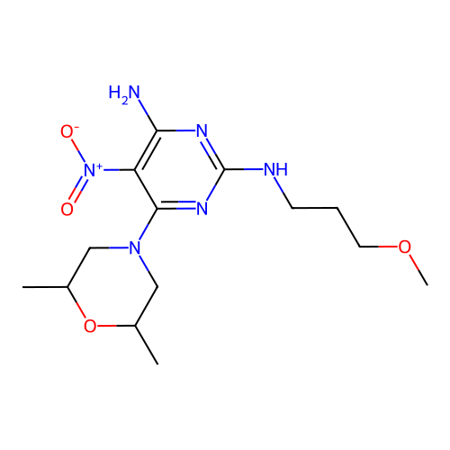 6-(2,6-dimethylmorpholin-4-yl)-2-N-(3-methoxypropyl)-5-nitropyrimidine-2,4-diamine structure