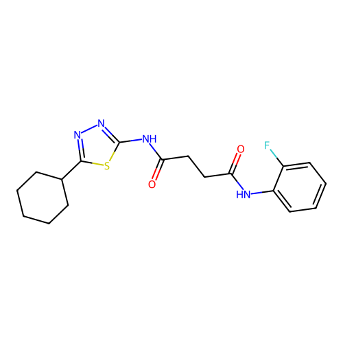 N1-(5-cyclohexyl-1,3,4-thiadiazol-2-yl)-N4-(2-fluorophenyl)succinamide structure