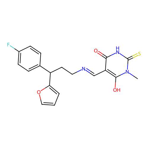 (5E)-5-({[3-(4-fluorophenyl)-3-(furan-2-yl)propyl]amino}methylidene)-1-methyl-2-sulfanylpyrimidine-4,6(1H,5H)-dione structure