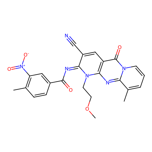 (E)-N-(3-cyano-1-(2-methoxyethyl)-10-methyl-5-oxo-1H-dipyrido[1,2-a:2',3'-d]pyrimidin-2(5H)-ylidene)-4-methyl-3-nitrobenzamide structure