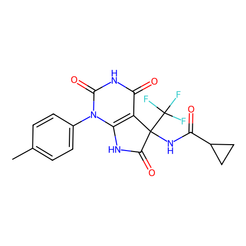 N-(2,4,6-trioxo-1-(p-tolyl)-5-(trifluoromethyl)-2,3,4,5,6,7-hexahydro-1H-pyrrolo[2,3-d]pyrimidin-5-yl)cyclopropanecarboxamide structure