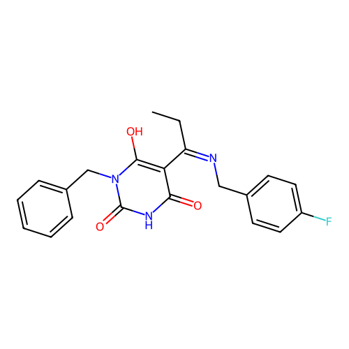 (E)-1-benzyl-5-(1-((4-fluorobenzyl)amino)propylidene)pyrimidine-2,4,6(1H,3H,5H)-trione structure