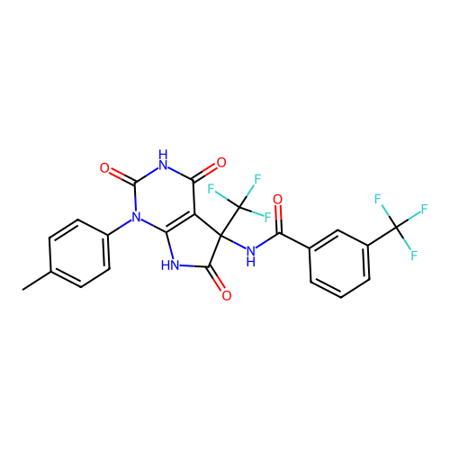 3-(trifluoromethyl)-N-(2,4,6-trioxo-1-(p-tolyl)-5-(trifluoromethyl)-2,3,4,5,6,7-hexahydro-1H-pyrrolo[2,3-d]pyrimidin-5-yl)benzamide structure
