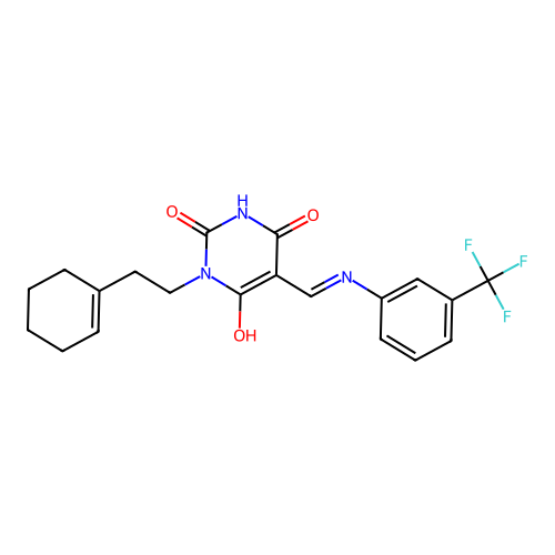 (5Z)-1-[2-(cyclohexen-1-yl)ethyl]-5-[[3-(trifluoromethyl)anilino]methylidene]-1,3-diazinane-2,4,6-trione structure