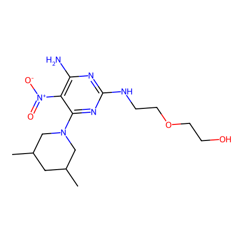 2-(2-((4-amino-6-(3,5-dimethylpiperidin-1-yl)-5-nitropyrimidin-2-yl)amino)ethoxy)ethanol structure