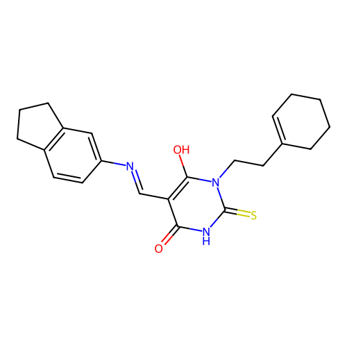 (5Z)-1-[2-(cyclohex-1-en-1-yl)ethyl]-5-[(2,3-dihydro-1H-inden-5-ylamino)methylidene]-2-sulfanylpyrimidine-4,6(1H,5H)-dione structure