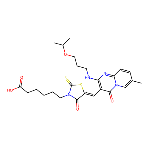 6-{(5Z)-5-[(7-methyl-4-oxo-2-{[3-(propan-2-yloxy)propyl]amino}-4H-pyrido[1,2-a]pyrimidin-3-yl)methylidene]-4-oxo-2-thioxo-1,3-thiazolidin-3-yl}hexanoic acid structure