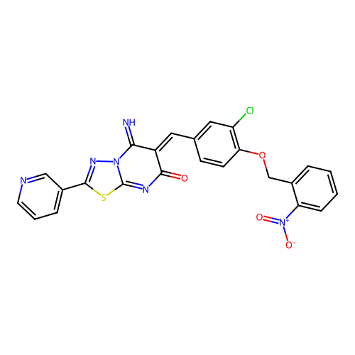 (6Z)-6-[[3-chloro-4-[(2-nitrophenyl)methoxy]phenyl]methylidene]-5-imino-2-pyridin-3-yl-[1,3,4]thiadiazolo[3,2-a]pyrimidin-7-one structure