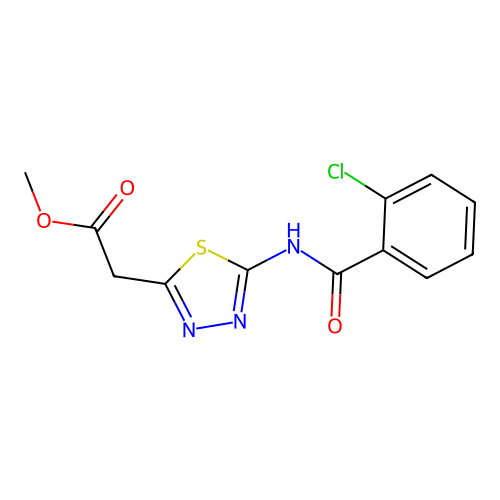 methyl 2-(5-(2-chlorobenzamido)-1,3,4-thiadiazol-2-yl)acetate structure