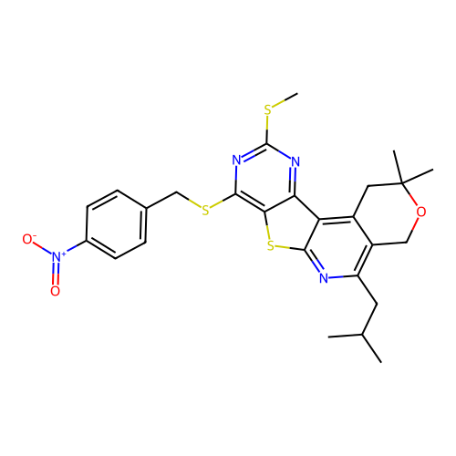 2,2-dimethyl-5-(2-methylpropyl)-10-(methylsulfanyl)-8-[(4-nitrobenzyl)sulfanyl]-1,4-dihydro-2H-pyrano[4'',3'':4',5']pyrido[3',2':4,5]thieno[3,2-d]pyrimidine structure