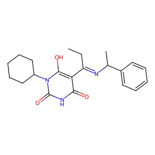 (E)-1-cyclohexyl-5-(1-((1-phenylethyl)amino)propylidene)pyrimidine-2,4,6(1H,3H,5H)-trione structure
