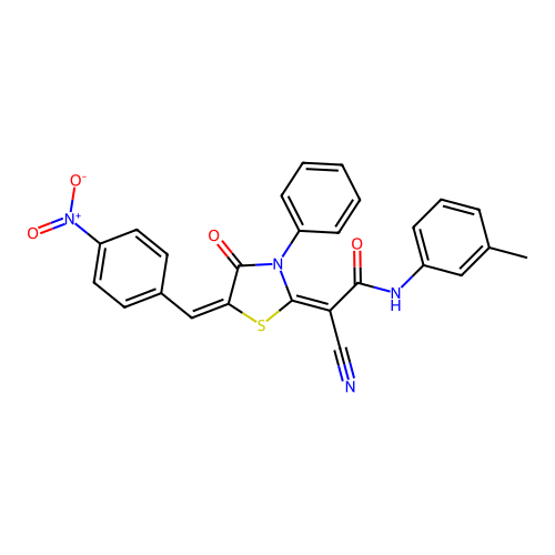 (2E)-2-cyano-N-(3-methylphenyl)-2-[(5E)-5-[(4-nitrophenyl)methylidene]-4-oxo-3-phenyl-1,3-thiazolidin-2-ylidene]acetamide structure