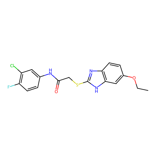 N-(3-chloro-4-fluorophenyl)-2-[(5-ethoxy-1H-benzimidazol-2-yl)sulfanyl]acetamide structure