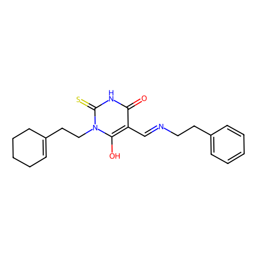 (5Z)-1-[2-(cyclohex-1-en-1-yl)ethyl]-5-{[(2-phenylethyl)amino]methylidene}-2-sulfanylpyrimidine-4,6(1H,5H)-dione structure