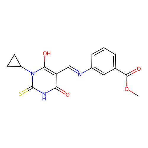 (E)-methyl 3-(((1-cyclopropyl-4,6-dioxo-2-thioxotetrahydropyrimidin-5(2H)-ylidene)methyl)amino)benzoate structure