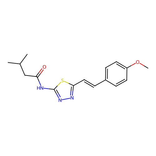 (E)-N-(5-(4-methoxystyryl)-1,3,4-thiadiazol-2-yl)-3-methylbutanamide structure