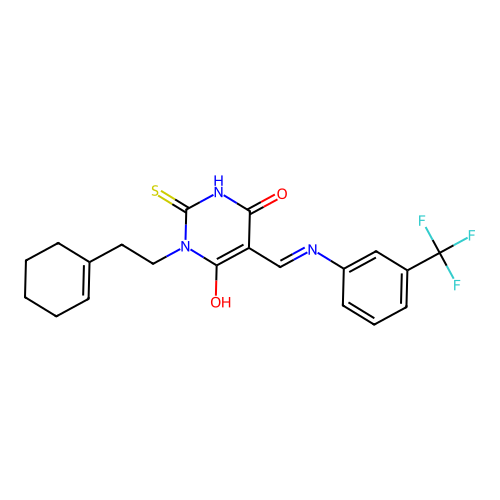 (5E)-1-[2-(cyclohex-1-en-1-yl)ethyl]-2-sulfanyl-5-({[3-(trifluoromethyl)phenyl]amino}methylidene)pyrimidine-4,6(1H,5H)-dione structure