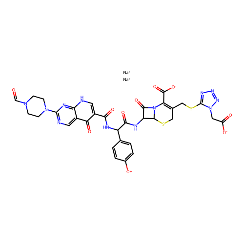 5-Thia-1-azabicyclo(4.2.0)oct-2-ene-2-carboxylic acid, 3-(((1-(carboxymethyl)-1H-tetrazol-5-yl)thio)methyl)-7-(((((2-(4-formyl-1-piperazinyl)-1,5-dihydro-5-oxopyrido(2,3-d)pyrimidin-6-yl)carbonyl)amino)(4-hydroxyphenyl)acetyl)amino)-8-oxo-, disodium salt, (6R-(6-alpha,7-beta(R*)))- structure