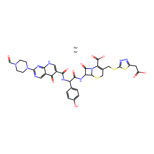 5-Thia-1-azabicyclo(4.2.0)oct-2-ene-2-carboxylic acid, 3-(((5-(carboxymethyl)-1,3,4-thiadiazol-2-yl)thio)methyl)-7-(((((2-(4-formyl-1-piperazinyl)-1,5-dihydro-5-oxopyrido(2,3-d)pyrimidin-6-yl)carbonyl)amino)(4-hydroxyphenyl)acetyl)amino)-8-oxo-, disodium salt, (6R-(6-alpha,7-beta(R*)))- structure