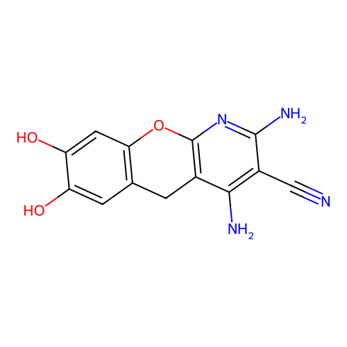 2,4-diamino-7,8-dihydroxy-5H-chromeno[2,3-b]pyridine-3-carbonitrile structure