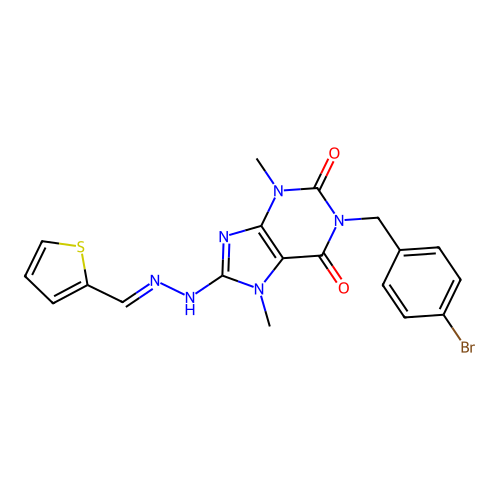 (E)-1-(4-bromobenzyl)-3,7-dimethyl-8-(2-(thiophen-2-ylmethylene)hydrazinyl)-1H-purine-2,6(3H,7H)-dione structure