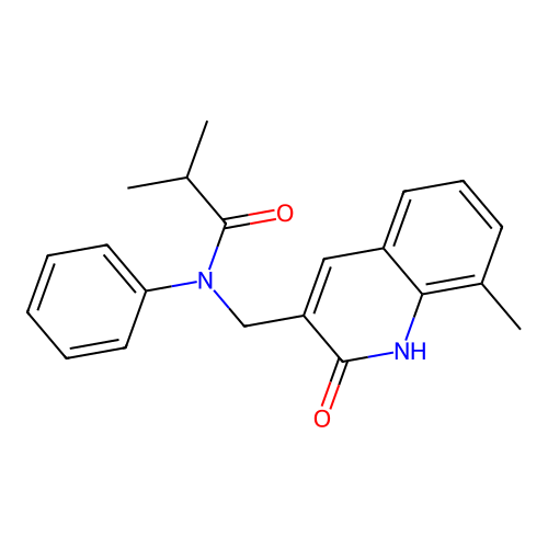 2-methyl-N-[(8-methyl-2-oxo-1,2-dihydroquinolin-3-yl)methyl]-N-phenylpropanamide structure