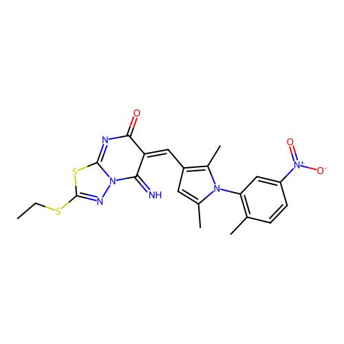 (E)-6-((2,5-dimethyl-1-(2-methyl-5-nitrophenyl)-1H-pyrrol-3-yl)methylene)-2-(ethylthio)-5-imino-5H-[1,3,4]thiadiazolo[3,2-a]pyrimidin-7(6H)-one structure