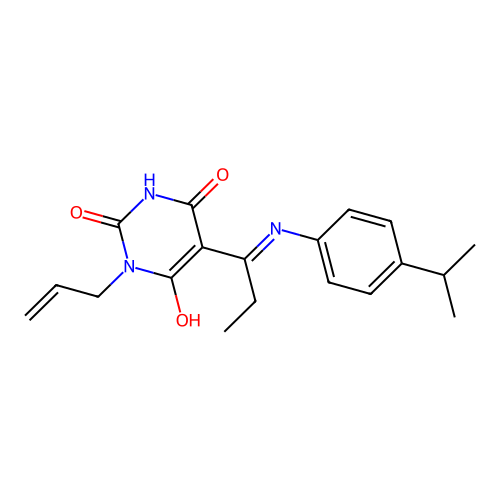 (E)-1-allyl-5-(1-((4-isopropylphenyl)amino)propylidene)pyrimidine-2,4,6(1H,3H,5H)-trione structure