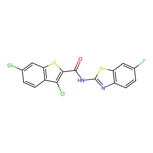 3,6-dichloro-N-(6-fluoro-1,3-benzothiazol-2-yl)-1-benzothiophene-2-carboxamide structure