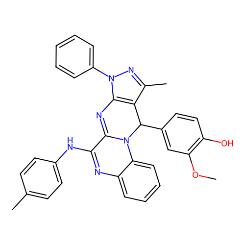 2-methoxy-4-(10-methyl-8-phenyl-6-(p-tolylamino)-8,11-dihydropyrazolo[3',4':4,5]pyrimido[1,2-a]quinoxalin-11-yl)phenol structure
