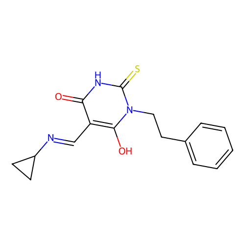 5-[(cyclopropylamino)methylidene]-1-phenethyl-2-sulfanylidene-1,3-diazinane-4,6-dione structure