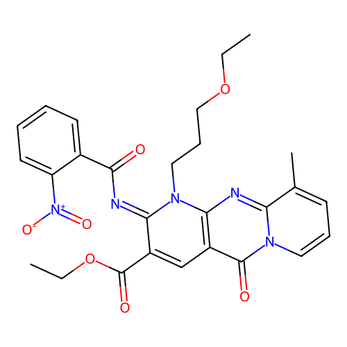 (Z)-ethyl 1-(3-ethoxypropyl)-10-methyl-2-((2-nitrobenzoyl)imino)-5-oxo-2,5-dihydro-1H-dipyrido[1,2-a:2',3'-d]pyrimidine-3-carboxylate structure