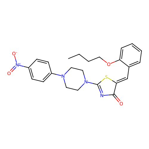 (Z)-5-(2-butoxybenzylidene)-2-(4-(4-nitrophenyl)piperazin-1-yl)thiazol-4(5H)-one structure