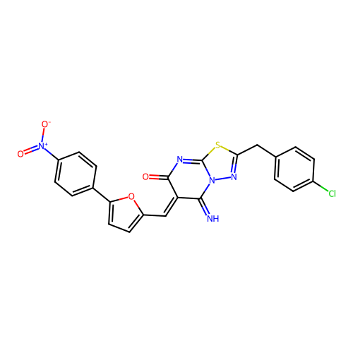 (6Z)-2-(4-chlorobenzyl)-5-imino-6-{[5-(4-nitrophenyl)furan-2-yl]methylidene}-5,6-dihydro-7H-[1,3,4]thiadiazolo[3,2-a]pyrimidin-7-one structure