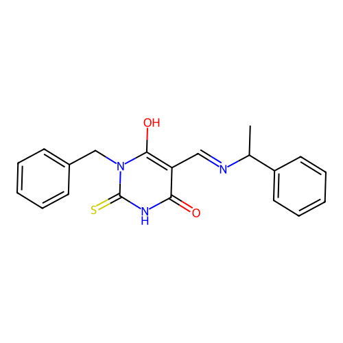 (Z)-1-benzyl-5-(((1-phenylethyl)amino)methylene)-2-thioxodihydropyrimidine-4,6(1H,5H)-dione structure