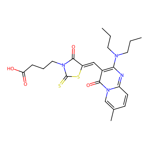 4-[(5Z)-5-{[2-(dipropylamino)-7-methyl-4-oxo-4H-pyrido[1,2-a]pyrimidin-3-yl]methylidene}-4-oxo-2-thioxo-1,3-thiazolidin-3-yl]butanoic acid structure