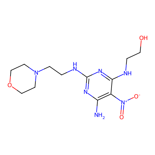 2-((6-amino-2-((2-morpholinoethyl)amino)-5-nitropyrimidin-4-yl)amino)ethanol structure