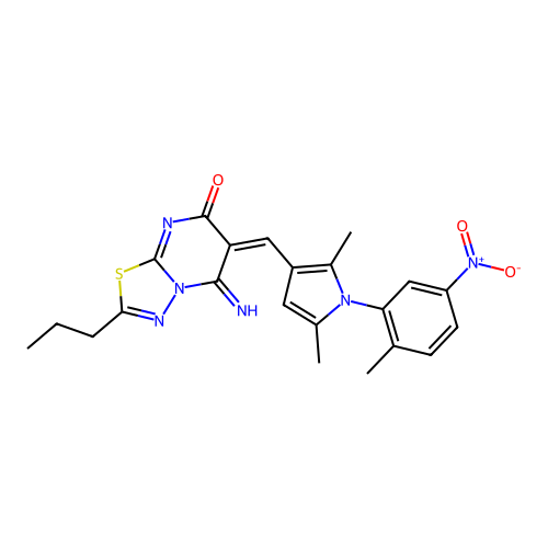 (6E)-6-[[2,5-dimethyl-1-(2-methyl-5-nitrophenyl)pyrrol-3-yl]methylidene]-5-imino-2-propyl-[1,3,4]thiadiazolo[3,2-a]pyrimidin-7-one structure