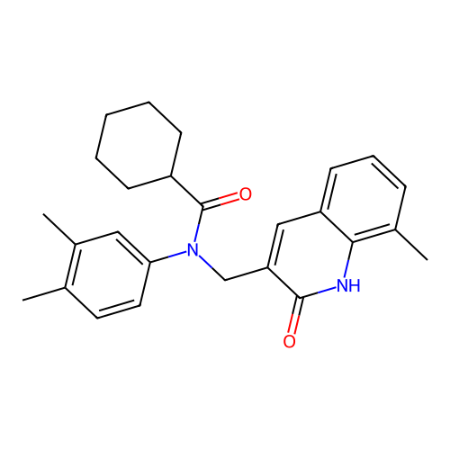 N-(3,4-dimethylphenyl)-N-[(8-methyl-2-oxo-1H-quinolin-3-yl)methyl]cyclohexanecarboxamide structure
