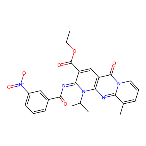 (Z)-ethyl 1-isopropyl-10-methyl-2-((3-nitrobenzoyl)imino)-5-oxo-2,5-dihydro-1H-dipyrido[1,2-a:2',3'-d]pyrimidine-3-carboxylate structure
